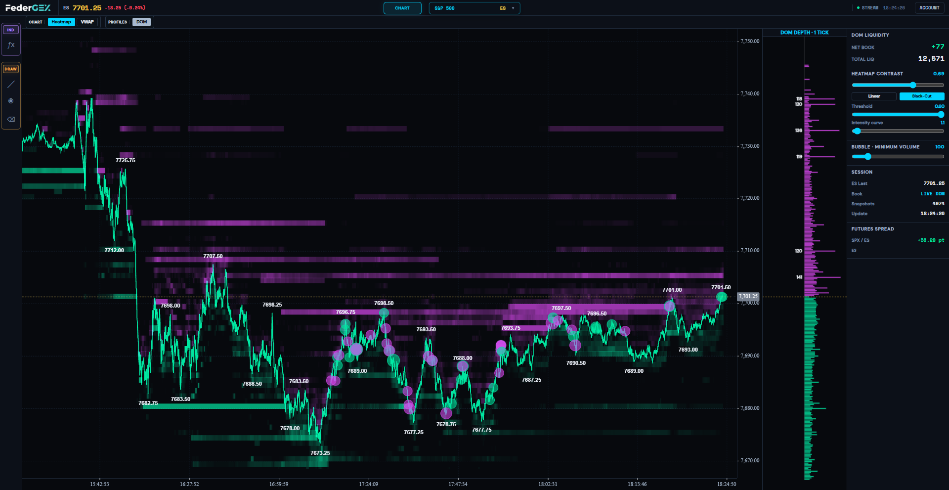 Futures workspace with DOM liquidity